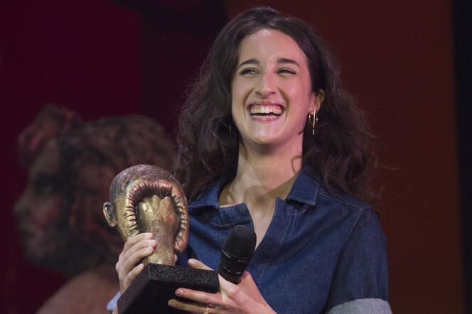 Agnès Hurstel lors de la remise des Topor d’Or 2018, événement conçu et réalisé par Jean-Michel Ribes, prix de l’inattendu du spectacle vivant au Théâtre du Rond-Point, le 9 avril 2018, à Paris.