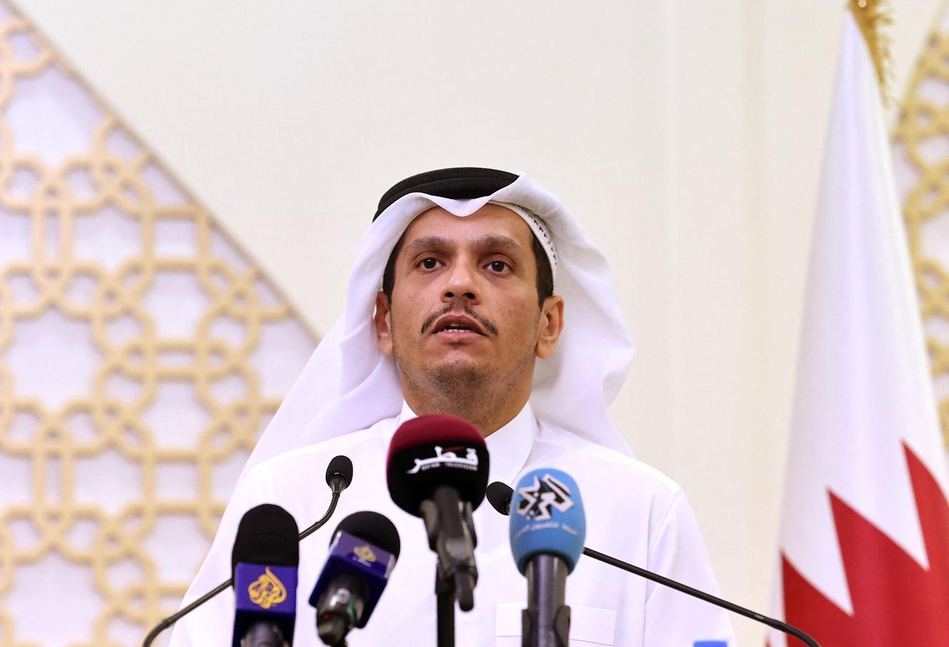 Qatari Foreign Minister Mohammed ben Abderrahmane Al-Thani speaks at a press conference attended by Dutch Foreign Minister Sigrid Kaag in Doha on September 1, 2021.