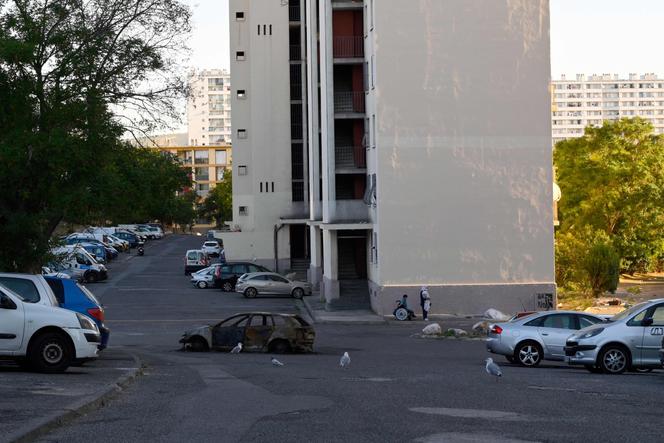 A burnt car in the city of Rosiers, in Marseille, on August 31, 2021.