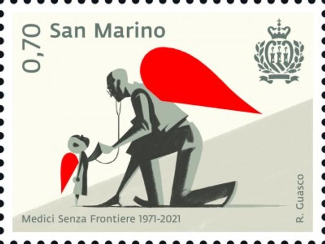 Uno de los sellos postales emitidos por San Marino con motivo del 50 aniversario de Médicos Sin Fronteras.