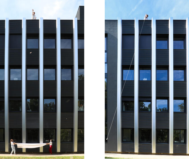 Deux manières de mesurer la hauteur d’un bâtiment avec un smartphone : par la chute d’un objet (à gauche) ou grâce à l’oscillation d’un pendule (à droite). 2021.