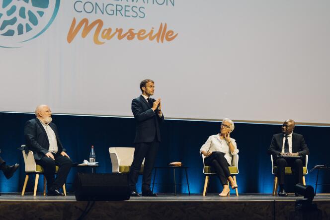 Emmanuel Macron et Christine Lagarde lors de l’ouverture du sommet de l’UICN à Marseille, le 3 septembre 2021.
