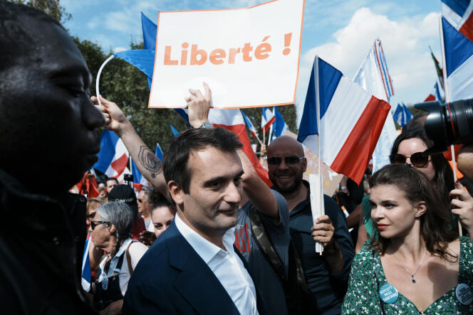The leader of the Patriots and presidential candidate, Florian Philippot, during the demonstration against the health pass on September 4, 2021 in Paris.