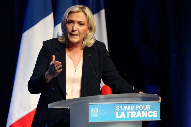 Marine Le Pen au congrès du Rassemblement national, le 4 juillet 2021, à Perpignan.