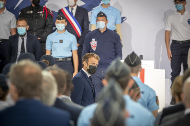 Emmanuel Macron lors du discours de clôture du Beauvau de la Sécurité à l'École nationale de Roubaix, le 14 septembre 2021.