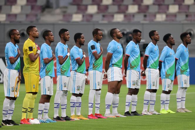 L’équipe djiboutienne de football avant un match contre le Liban, à Doha, au Qatar, le 23 juin 2021.