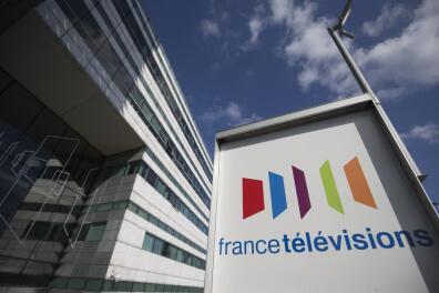 Picture taken on April 5, 2016 in Paris, shows the facade of France Televisions, the French public national television broadcaster. (Photo by JOEL SAGET / AFP)