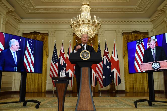 Visioconférence réunissant Joe Biden, Scott Morrison (Australie) et Boris Johnson, le 15 septembre 2021, depuis la Maison Blanche, à Washington.