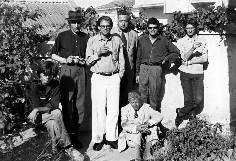 1961. Sitting in front are Peter Orlovsky and Paul Bowles, behind them stand William Burroughs, Allen Ginsberg, Alan Ansen, Gregory Corso and Ian Sommerville in Tangier, Morocco. 