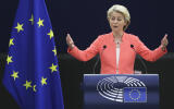 European Commission President Ursula von der Leyen delivers a State of the Union Address at the European Parliament in Strasbourg, France, Wednesday, Sept. 15, 2021. The European Union announced Wednesday it is committing 200 million more coronavirus vaccine doses to Africa to help curb the COVID-19 pandemic on a global scale. (Yves Herman, Pool via AP)