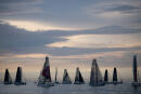 Class Figaro boats wait for taking the start of the fourth and last stage of the 51st edition of La Solitaire du Figaro solo sailing race, off Saint-Nazaire, western France on September 19, 2020. - The stage has been cancelled due to a lack of wind and Le Cleac'h won overall. (Photo by Loic VENANCE / AFP)