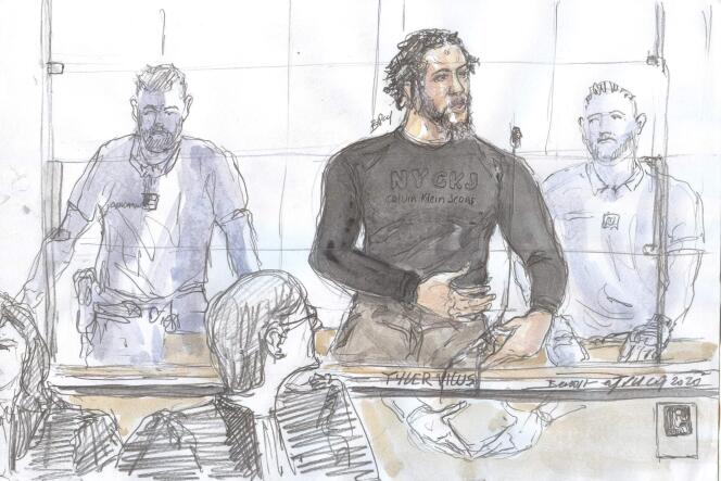 Croquis d’audience réalisé le 25 juin 2020, lors de l’ouverture du procès de Tyler Vilus, devant la cour d’assises spéciale de Paris.