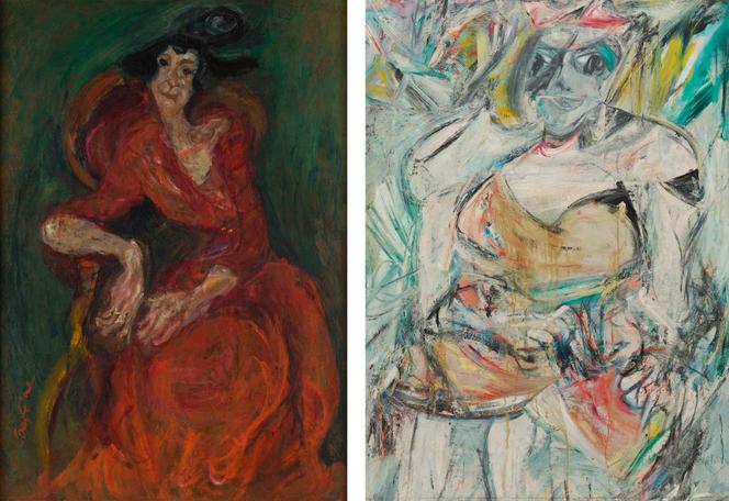A gauche : « La Femme en rouge » (1923-1924), de Chaïm Soutine, huile sur toile, et à droite : « Femme II » (« Woman II », 1952), de Willem De Kooning, huile sur toile.