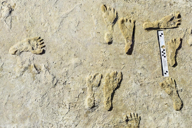 Orme umane fossilizzate in una roccia nel Parco Nazionale di White Sands, Nuovo Messico.
