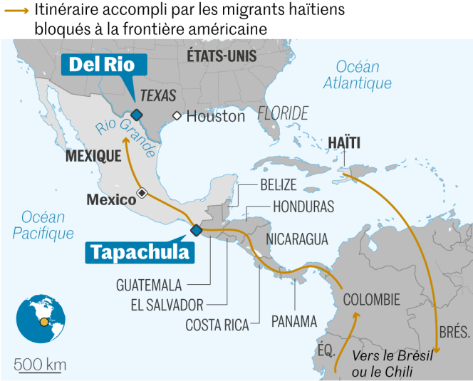 Itinéraire accompli par les migrantes haïtiens bloqués à la frontière américaine.