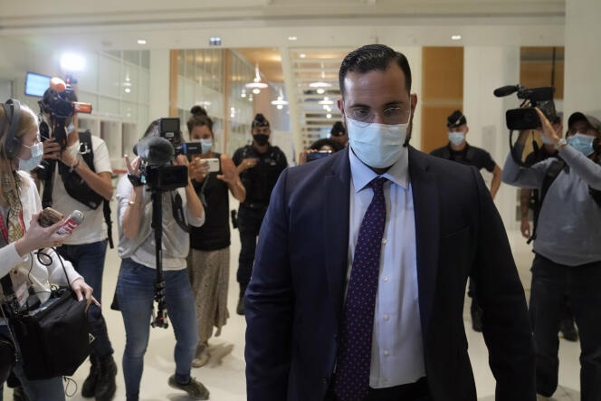 Alexandre Benalla leaves the Palais de Justice on the first day of his trial, in Paris, on September 13, 2021.