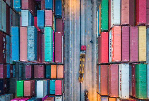 A long exposure drone panorama of the Kwai Chung container port in Hong Kong. (Photo by Marc Fernandes/NurPhoto) (Photo by Marc Fernandes / NurPhoto / NurPhoto via AFP)