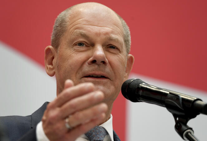 Olaf Scholz, candidat du SPD à la chancellerie, lors d’une conférence de presse au siège du parti à Berlin, le 27 septembre 2021.