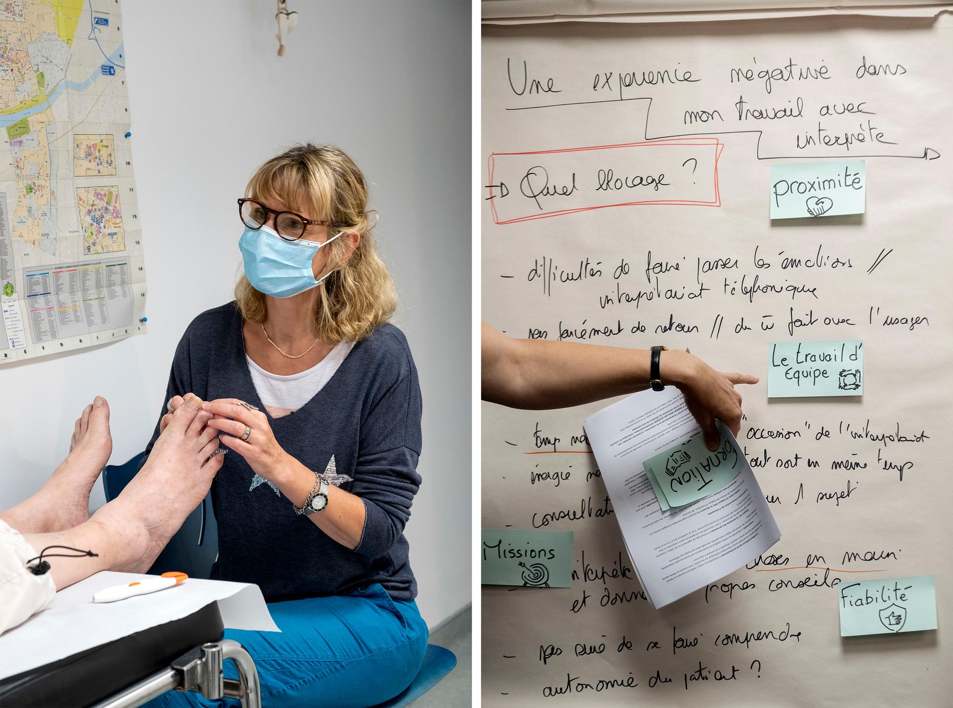 Christine de Sousa, l’infirmière du centre. A droite, les réflexions notées lors d’une réunion d’équipe. A Vaulx-en-Velin (Rhône), le 14 septembre 2021.