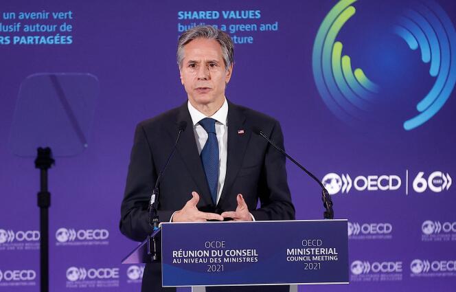 US Secretary of State Antony Blinken during a speech at the Organization for Economic Co-operation and Development (OECD) on October 5, 2021.