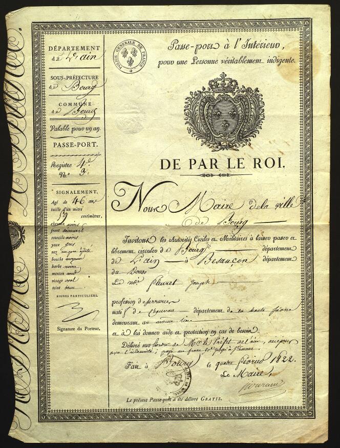 Un passeport (1822), restitué le 5 octobre à la France.