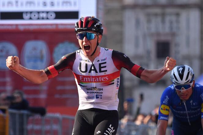 Tadej Pogacar (UAE Team Emirates) clenched his fists at the finish of the Tour of Lombardy on Saturday 9 October in Bergamo.