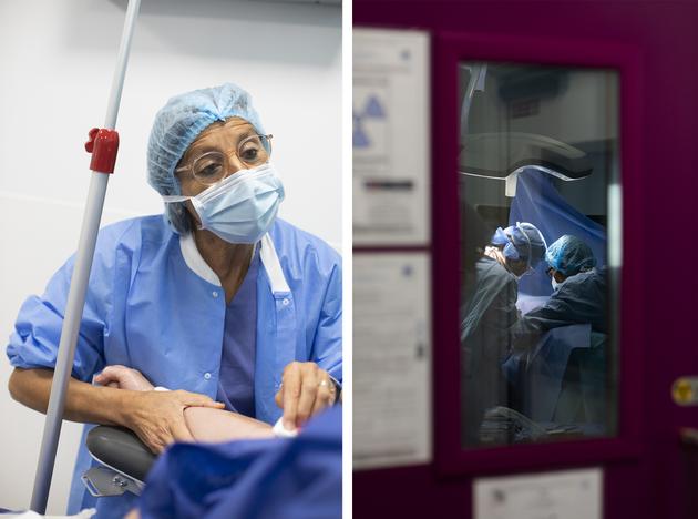 Chantal Bernard, infirmière anesthésiste de la Pitié-Salpêtrière, prépare une patiente avant son intervention. A droite : la salle d’opération où la professeure Catherine Uzan et un étudiant procèdent à une tumorectomie, le 7 septembre 2021.