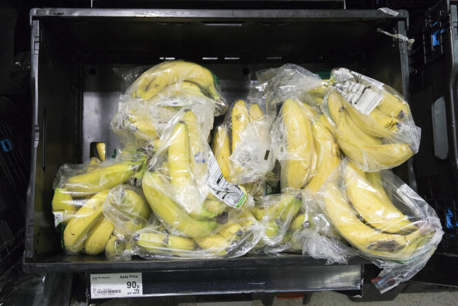 Bananas sold in plastic wrap in south London in January 2018.