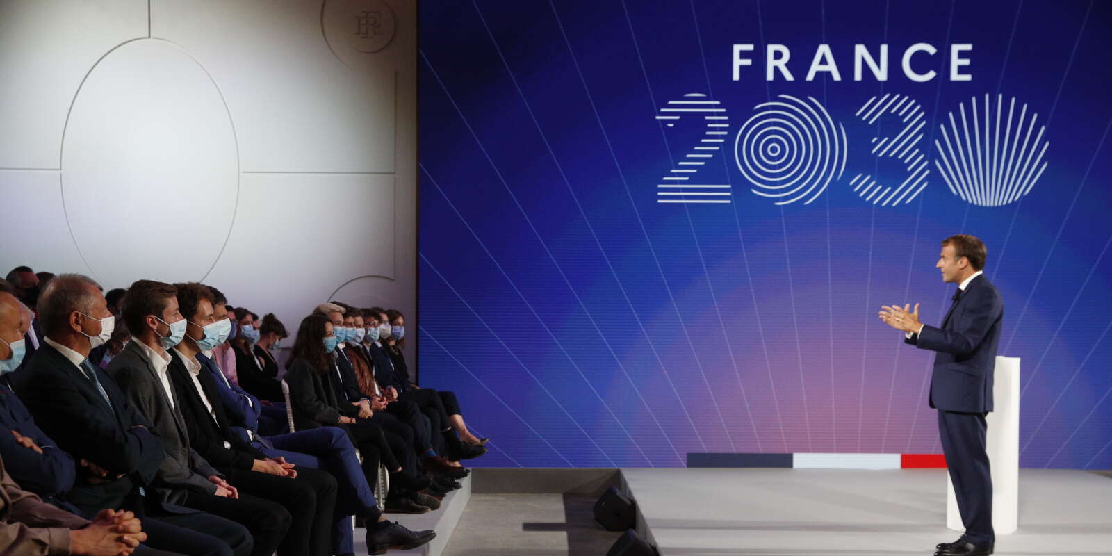 Emmanuel Macron lors de la présentation du plan France 2030 à l’Elysée à Paris, le 12 octobre 2021.