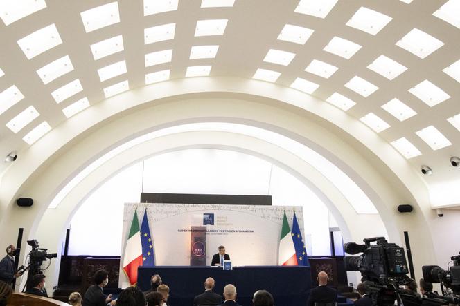 Le premier ministre italien Mario Draghi pendant la conférence de presse qui a suivi le sommet virtuel du G20, àRome, le 12,octobre 2021.