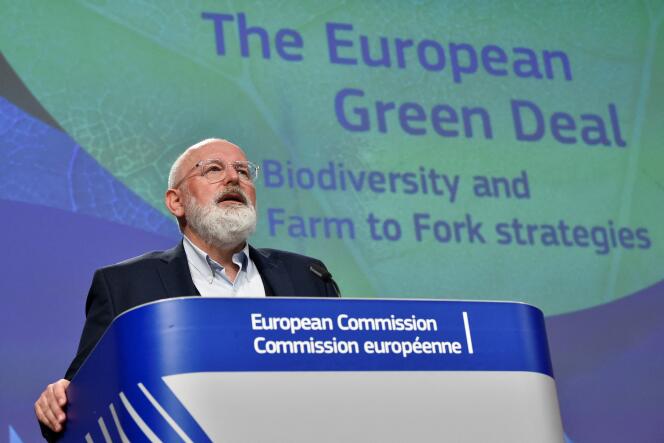 Frans Timmermans, Vice-President of the European Commission, on May 20, 2020, in Brussels, during a press conference on the European ?Farm to Fork? strategy.