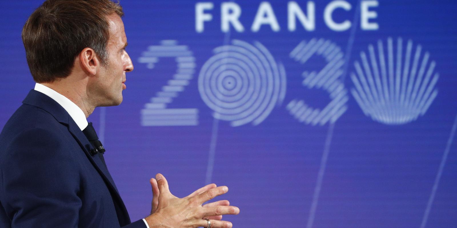 Emmanuel Macron lors de la présentation du plan France 2030 à l’Elysée à Paris, le 12 octobre 2021.