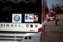 An H2 logo is seen on a bus at the Hynamics hydrogen station, subsidiary of the Electricite de France (EDF) Group, in Auxerre, France, October 13, 2021. REUTERS/Benoit Tessier