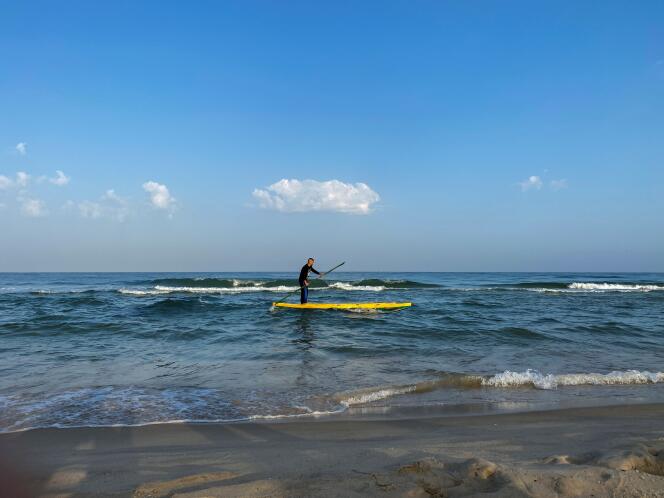 A Palestinian paddles in Gaza on October 15, 2021.
