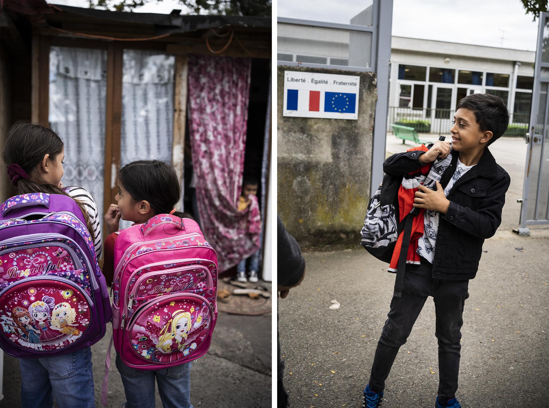 Marta, Amyna, et Flavius, qui habitent au camp de la Flambère, prennent le chemin de l’école, le 30 septembre 2021.