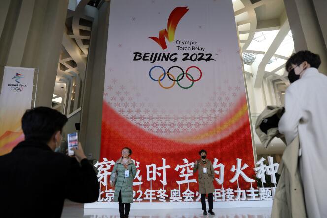 An Olympic torch relay banner in Beijing on October 20, 2021.