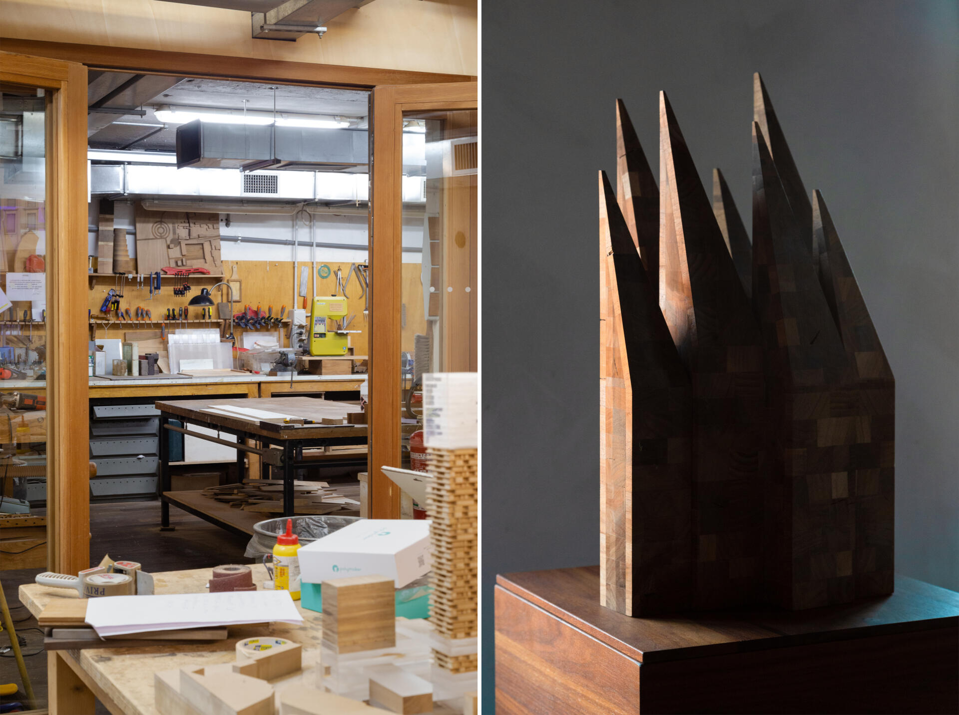 A gauche : vue de l’atelier de Michele De Lucchi où sont construits la plupart de ses modèles et prototypes. A droite : Abbazia 391, sculpture en bois de noyer, de Michele De Lucchi.