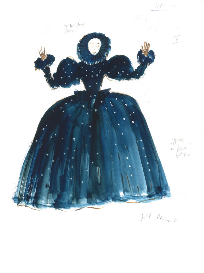 Maquette de costume pour une dame représentant la nuit dans « Hernani », de Victor Hugo, mis en scène par Antoine Vitez en 1985. Scénographie et costumes de Yannis Kokkos.
