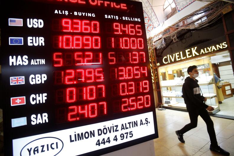 A man walks past a board showing the currency exchange rates outside an exchange office in Istanbul, Turkey, October 21, 2021. REUTERS/Dilara Senkaya