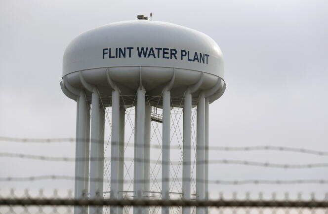 A water tower in Flint, Michigan in February 2016.