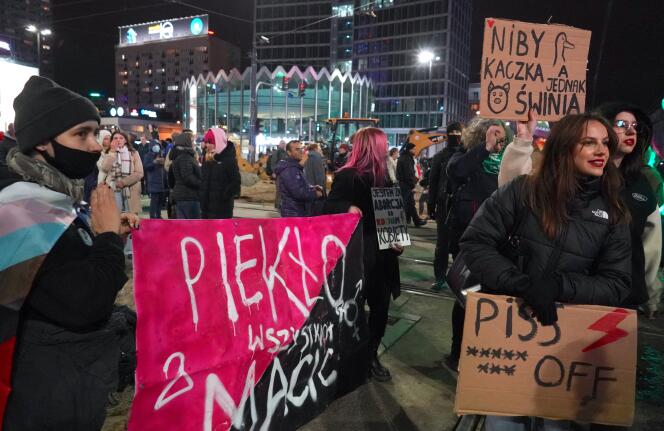 To mark the first anniversary of the anti-abortion law, protesters gathered to demand the restoration of the right to abortion, in Warsaw on October 22, 2021.