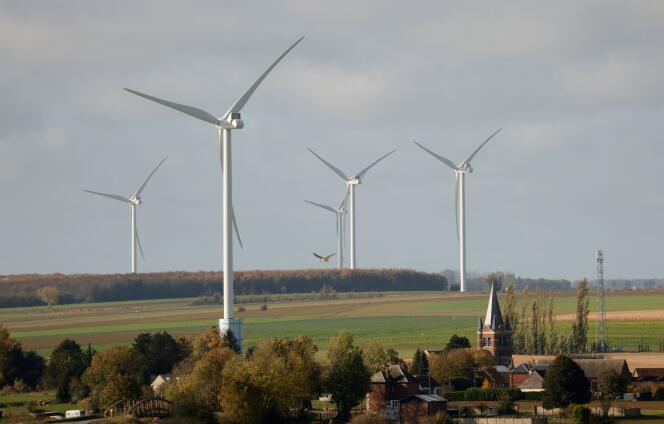 Wind turbines generating electricity, near the village of Inchy-en-Artois (Pas-de-Calais), November 1, 2021.