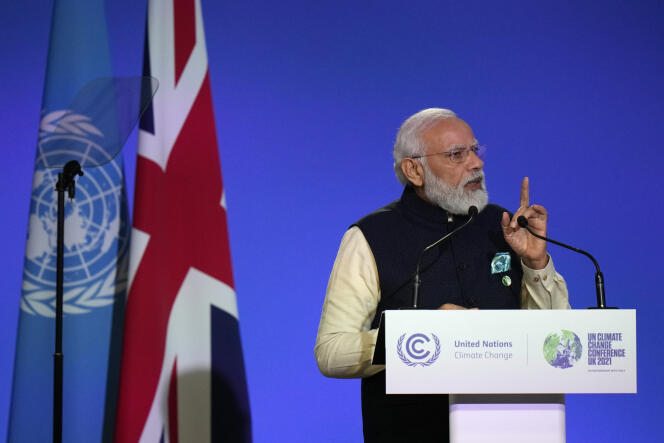 Indian Prime Minister Narendra Modi during his statement at COP26 in Glasgow, Scotland on November 1, 2021.