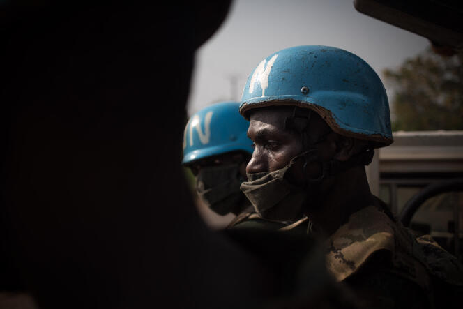 Soldats de la Minusca, à Damara, en Centrafrique, en janvier 2021.