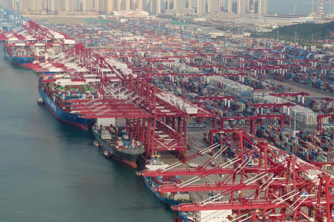 Containers stacked at the port of Qingdao, Shandong province, China on October 18, 2021.