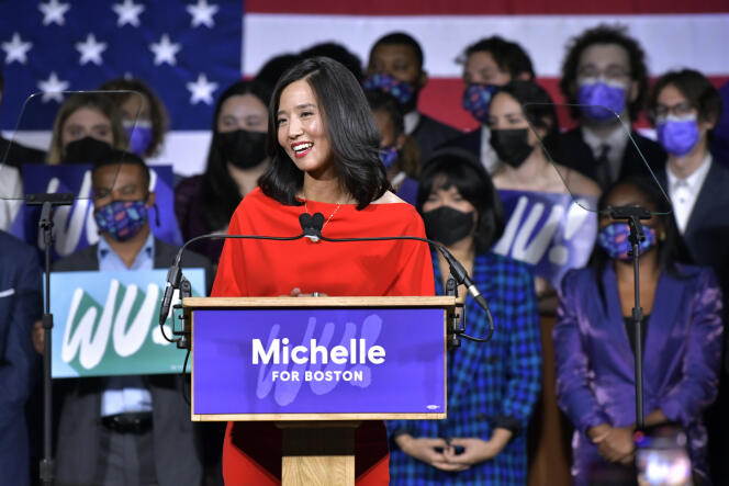 Democrat Michelle Wu celebrates her Boston mayoral victory on November 2, 2021.