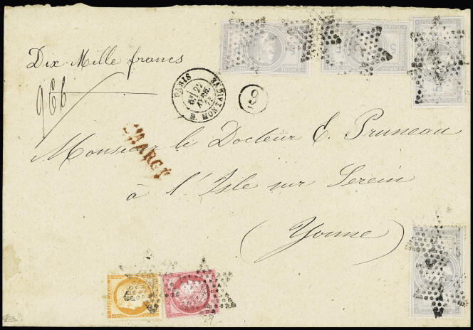 3 000 euros minimum pour cette lettre chargée de 1875 avec plusieurs 5 francs Empire.