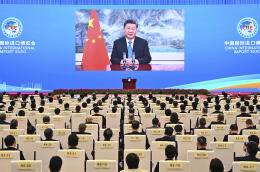 In this photo released by Xinhua News Agency, Chinese President Xi Jinping delivers a keynote speech via video at the opening ceremony of the fourth China International Import Expo held in Shanghai Thursday, Nov. 4, 2021. (Li Xiang/Xinhua via AP)