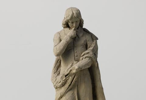 Design for a statue of Spinoza, Design in unbaked clay for a statue of Spinoza, Baruch de Spinoza, Eugène Lacomblé, Delft, c. 1860 - c. 1880, clay, h 26.5 cm × w 9 cm × d 11.0 cm