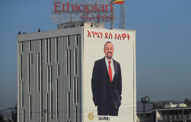 Portrait of Ethiopian Prime Minister Abi Ahmed on November 7, 2021 in Meskel Square in Addis Ababa.